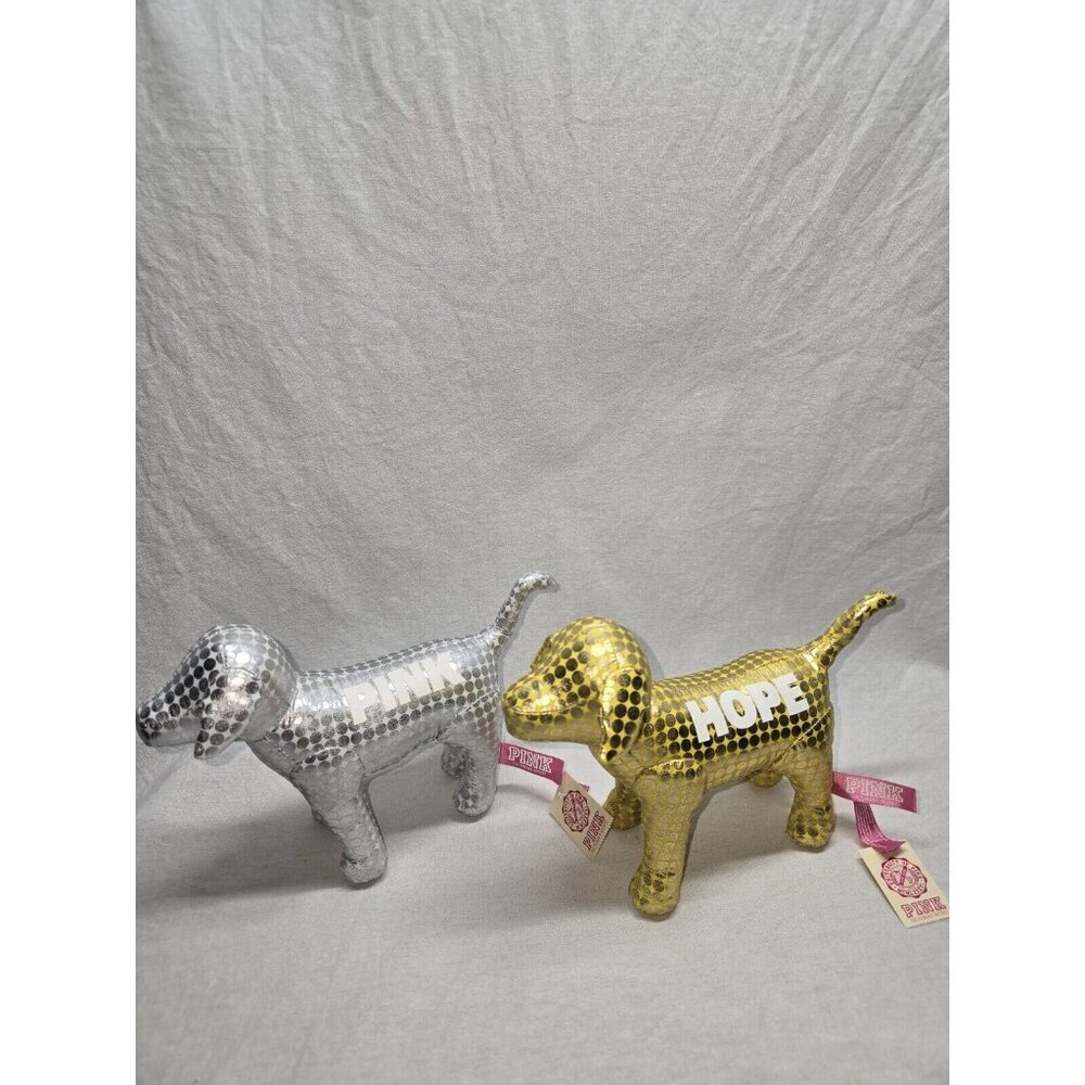 Victoria Secret PINK Dog Mascot Plush Lot of 2 Metallic Circle Printed- NWT